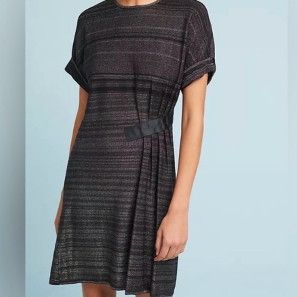 Intropia for Anthropologie Toby Metallic stripe short sleeve mini dress